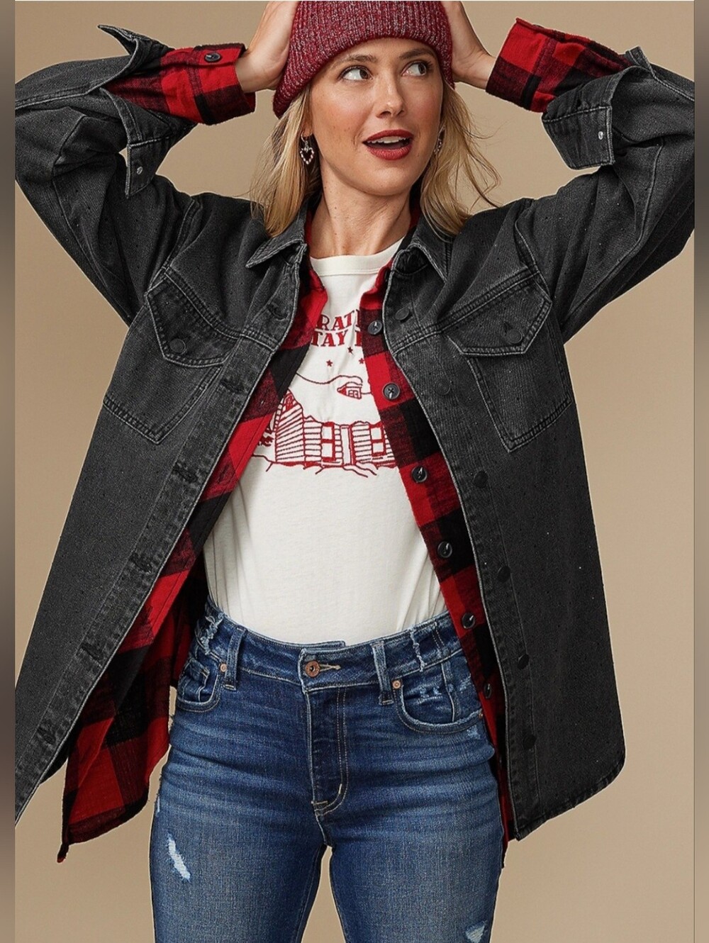 NWT Maurices Black Washed Denim Shacket With Black Rhinestones